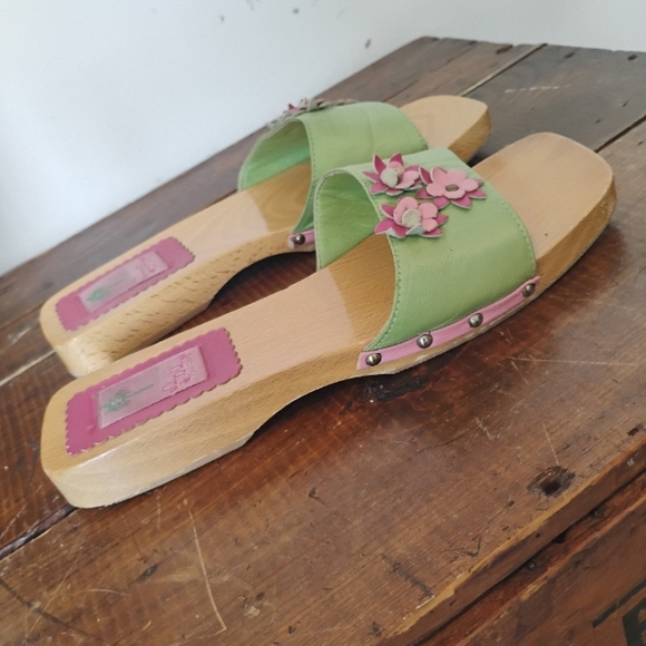 Lilly Pullitzer Vintage Green Leather Wooden Sandals Mules Floral Italy Size 10 - Picture 5 of 10
